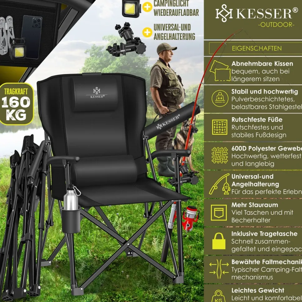 KESSER® Campingstuhl faltbar bis 160 kg | Angelstuhl Faltstuhl Klappstuhl Gepolstert mit Armlehnen | Campinglicht und Getränkehalter + Tasche mit hoher Rückenlehne | Strandstuhl mit Angelhalterung