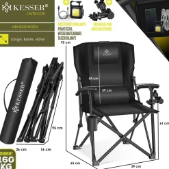 KESSER® Campingstuhl faltbar bis 160 kg | Angelstuhl Faltstuhl Klappstuhl Gepolstert mit Armlehnen | Campinglicht und Getränkehalter + Tasche mit hoher Rückenlehne | Strandstuhl mit Angelhalterung