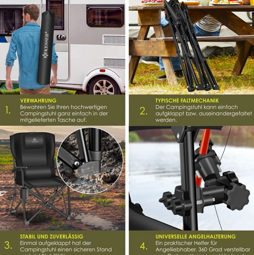 KESSER® Campingstuhl faltbar bis 160 kg | Angelstuhl Faltstuhl Klappstuhl Gepolstert mit Armlehnen | Campinglicht und Getränkehalter + Tasche mit hoher Rückenlehne | Strandstuhl mit Angelhalterung