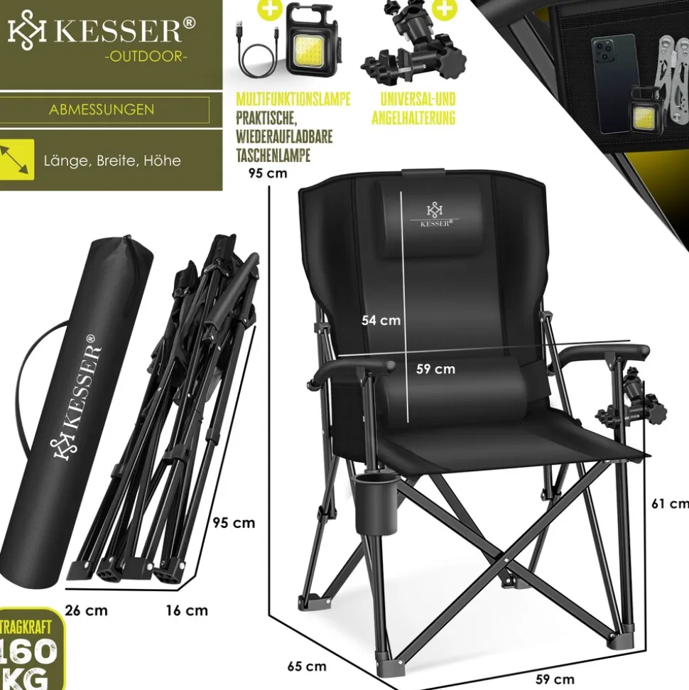 KESSER® Campingstuhl faltbar bis 160 kg | Angelstuhl Faltstuhl Klappstuhl Gepolstert mit Armlehnen | Campinglicht und Getränkehalter + Tasche mit hoher Rückenlehne | Strandstuhl mit Angelhalterung
