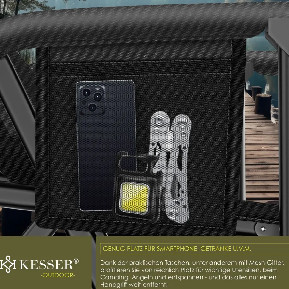 KESSER® Campingstuhl faltbar bis 160 kg | Angelstuhl Faltstuhl Klappstuhl Gepolstert mit Armlehnen | Campinglicht und Getränkehalter + Tasche mit hoher Rückenlehne | Strandstuhl mit Angelhalterung