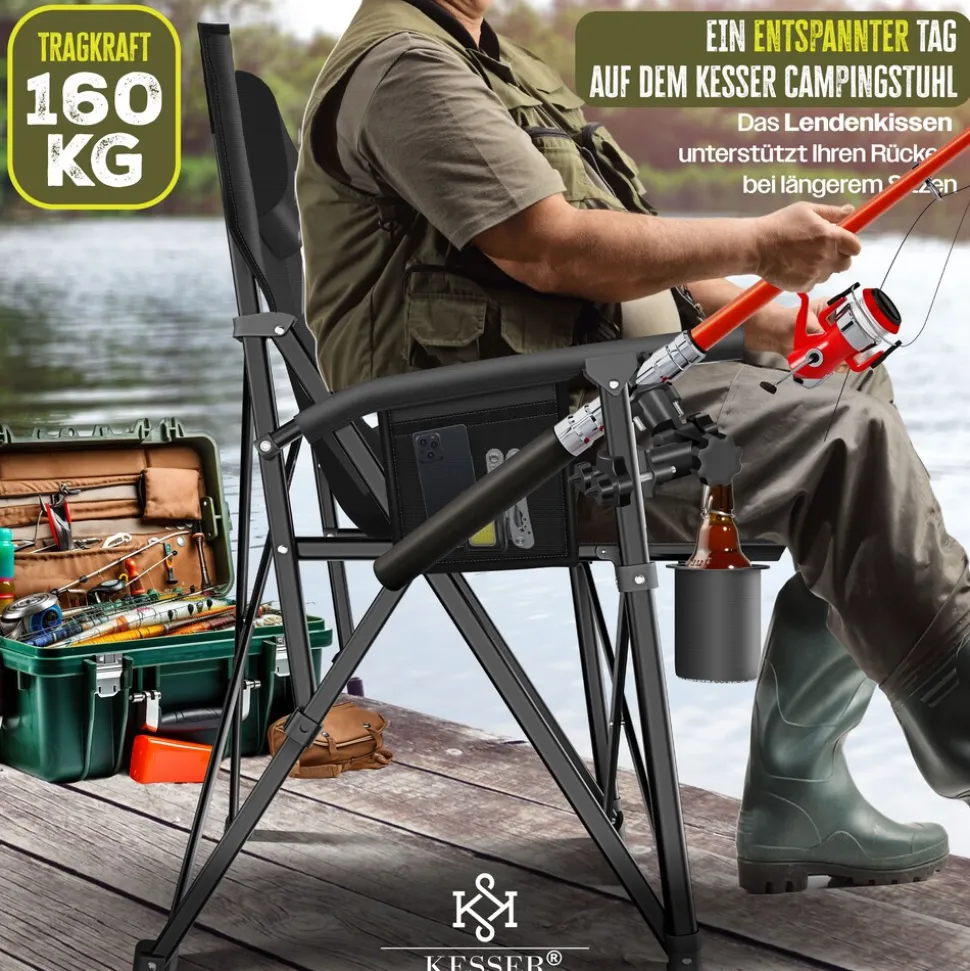KESSER® Campingstuhl faltbar bis 160 kg | Angelstuhl Faltstuhl Klappstuhl Gepolstert mit Armlehnen | Campinglicht und Getränkehalter + Tasche mit hoher Rückenlehne | Strandstuhl mit Angelhalterung