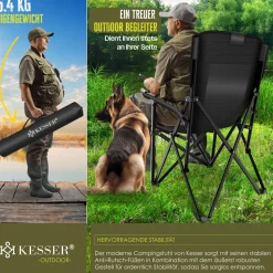 KESSER® Campingstuhl faltbar bis 160 kg | Angelstuhl Faltstuhl Klappstuhl Gepolstert mit Armlehnen | Campinglicht und Getränkehalter + Tasche mit hoher Rückenlehne | Strandstuhl mit Angelhalterung