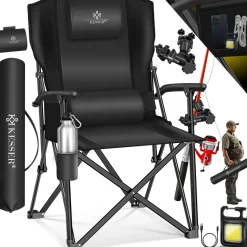 KESSER® Campingstuhl faltbar bis 160 kg | Angelstuhl Faltstuhl Klappstuhl Gepolstert mit Armlehnen | Campinglicht und Getränkehalter + Tasche mit hoher Rückenlehne | Strandstuhl mit Angelhalterung