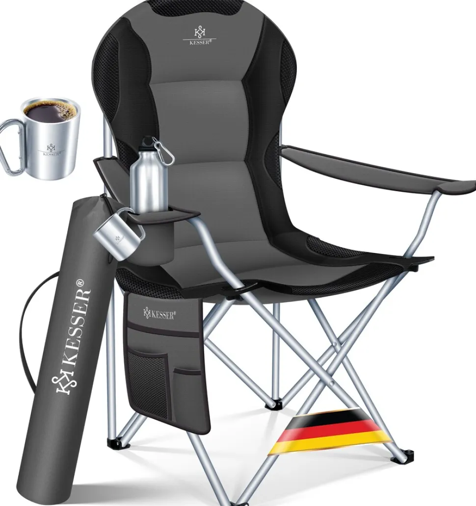 KESSER® Campingstuhl faltbar bis 150 kg Angelstuhl Faltstuhl Klappstuhl Gepolstert mit Armlehnen, Getränkehalter + Tasche mit hoher Rückenlehne, Strandstuhl, Klapphocker