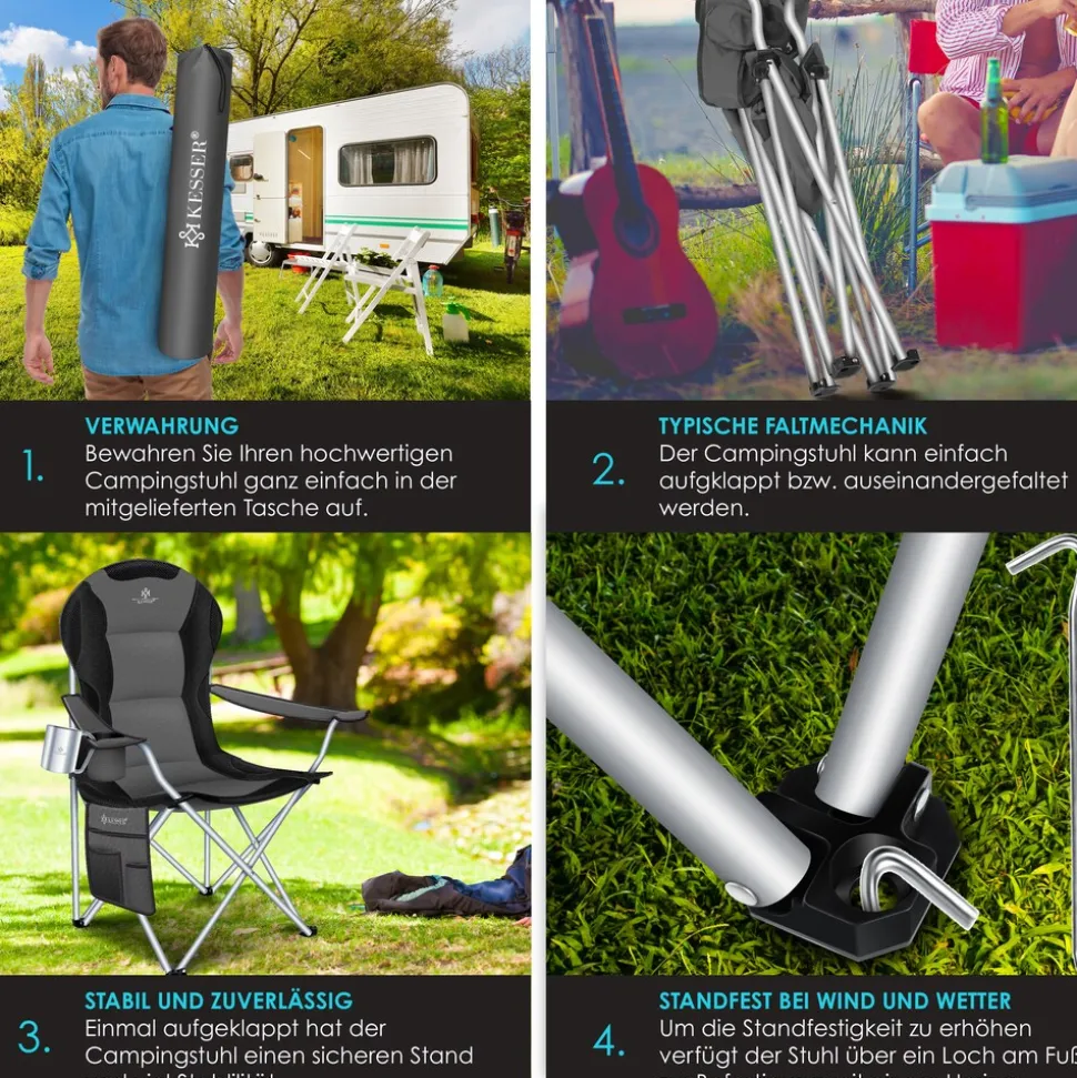 KESSER® Campingstuhl faltbar bis 150 kg Angelstuhl Faltstuhl Klappstuhl Gepolstert mit Armlehnen, Getränkehalter + Tasche mit hoher Rückenlehne, Strandstuhl, Klapphocker