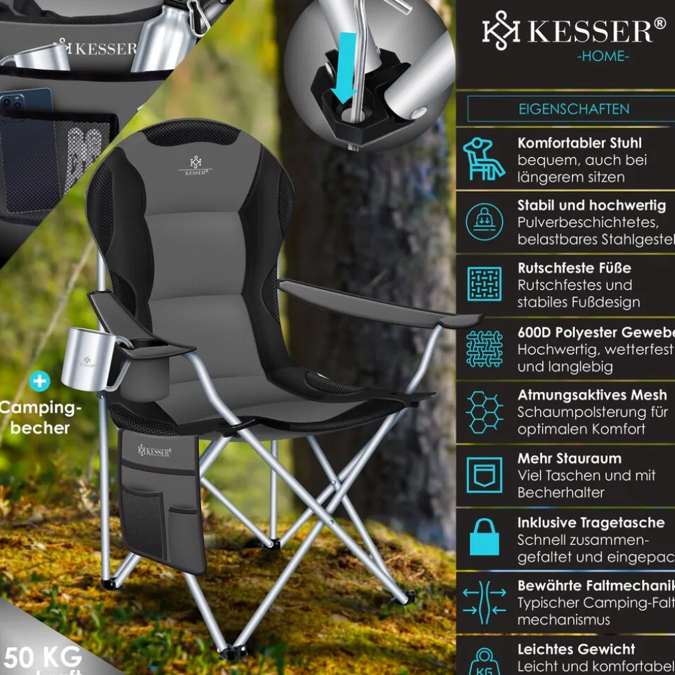 KESSER® Campingstuhl faltbar bis 150 kg Angelstuhl Faltstuhl Klappstuhl Gepolstert mit Armlehnen, Getränkehalter + Tasche mit hoher Rückenlehne, Strandstuhl, Klapphocker