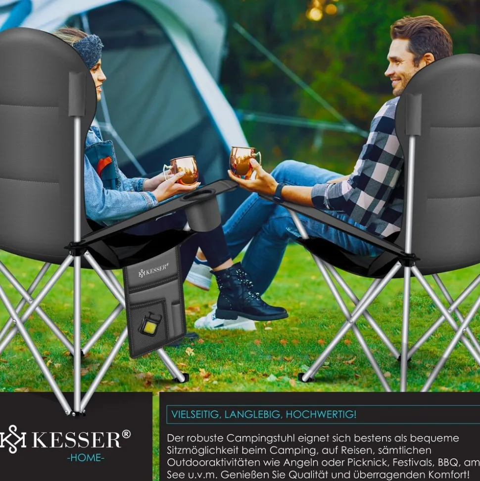 KESSER® Campingstuhl faltbar bis 150 kg Angelstuhl Faltstuhl Klappstuhl Gepolstert mit Armlehnen, Getränkehalter + Tasche mit hoher Rückenlehne, Strandstuhl, Klapphocker