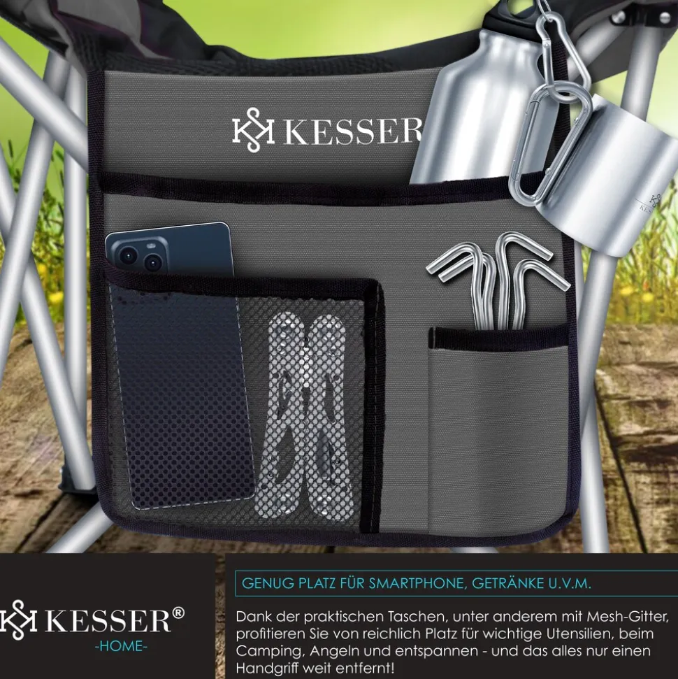 KESSER® Campingstuhl faltbar bis 150 kg Angelstuhl Faltstuhl Klappstuhl Gepolstert mit Armlehnen, Getränkehalter + Tasche mit hoher Rückenlehne, Strandstuhl, Klapphocker