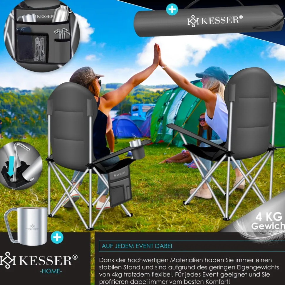 KESSER® Campingstuhl faltbar bis 150 kg Angelstuhl Faltstuhl Klappstuhl Gepolstert mit Armlehnen, Getränkehalter + Tasche mit hoher Rückenlehne, Strandstuhl, Klapphocker