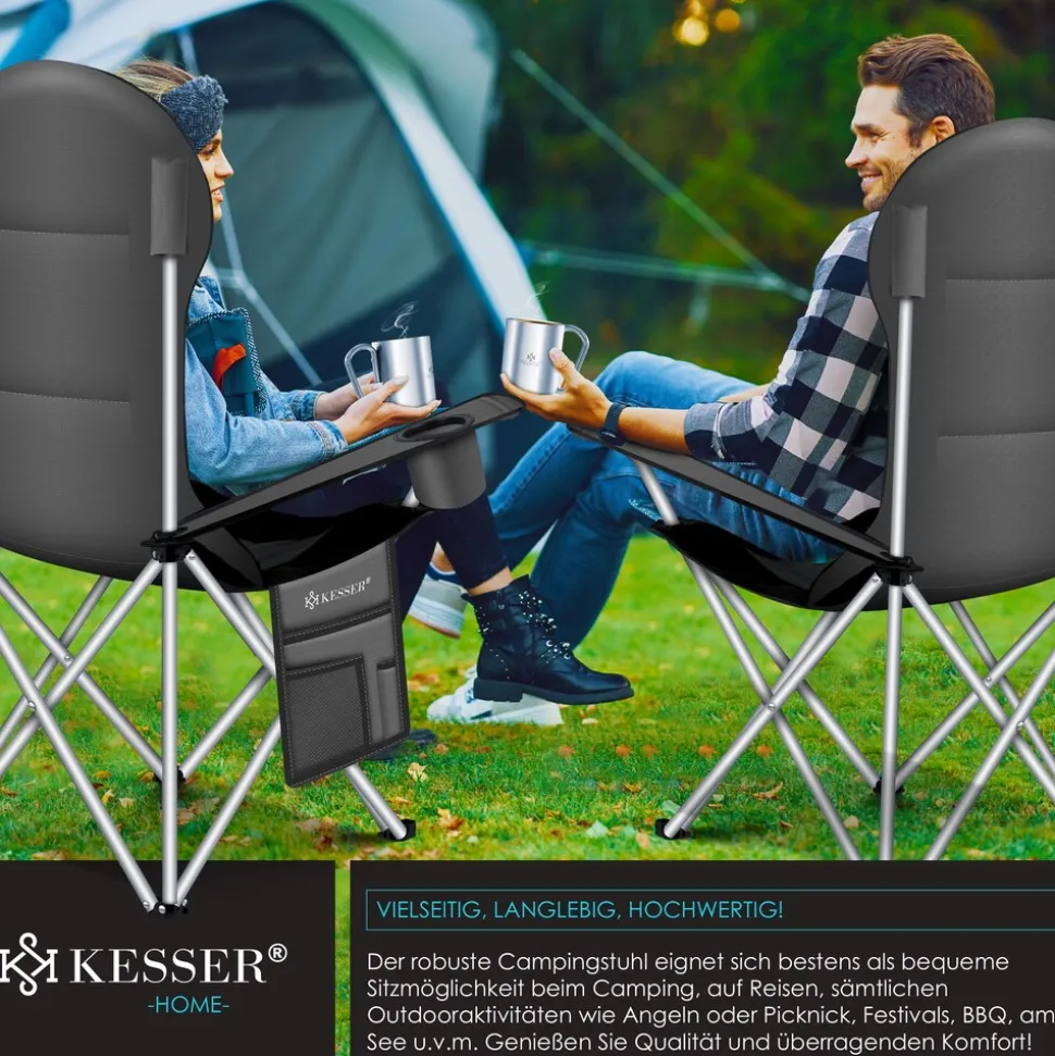 KESSER® Campingstuhl faltbar bis 150 kg Angelstuhl Faltstuhl Klappstuhl Gepolstert mit Armlehnen, Getränkehalter + Tasche mit hoher Rückenlehne, Strandstuhl, Klapphocker
