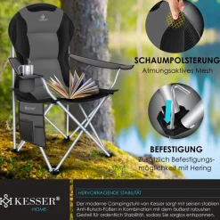 KESSER® Campingstuhl faltbar bis 150 kg Angelstuhl Faltstuhl Klappstuhl Gepolstert mit Armlehnen, Getränkehalter + Tasche mit hoher Rückenlehne, Strandstuhl, Klapphocker