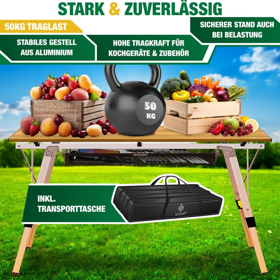 KESSER® Campingtisch faltbar Klapptisch mit Aluminiumrahmen Aufrollbare Tischplatte Falttisch klappbar inkl. Tragetasche mit Trageband & Netztasche, Holz-Optik