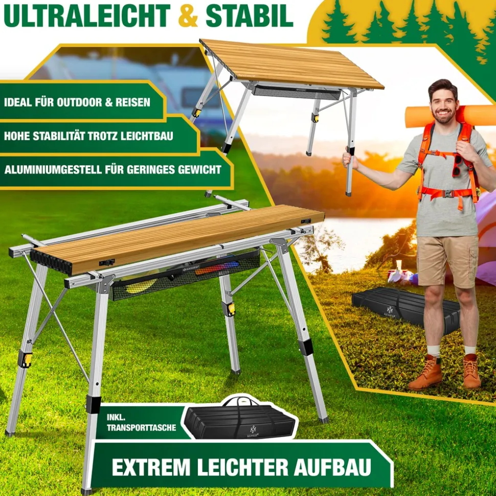 KESSER® Campingtisch faltbar Klapptisch mit Aluminiumrahmen Aufrollbare Tischplatte Falttisch klappbar inkl. Tragetasche mit Trageband & Netztasche, Holz-Optik
