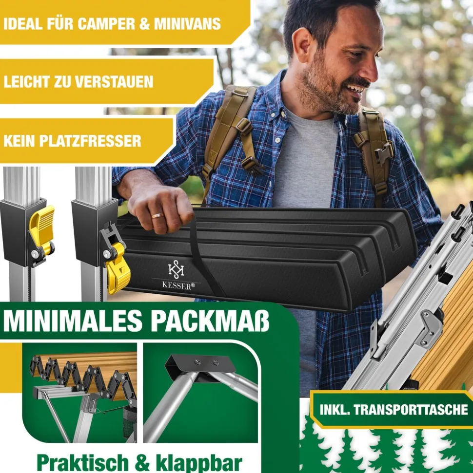 KESSER® Campingtisch faltbar Klapptisch mit Aluminiumrahmen Aufrollbare Tischplatte Falttisch klappbar inkl. Tragetasche mit Trageband & Netztasche, Holz-Optik