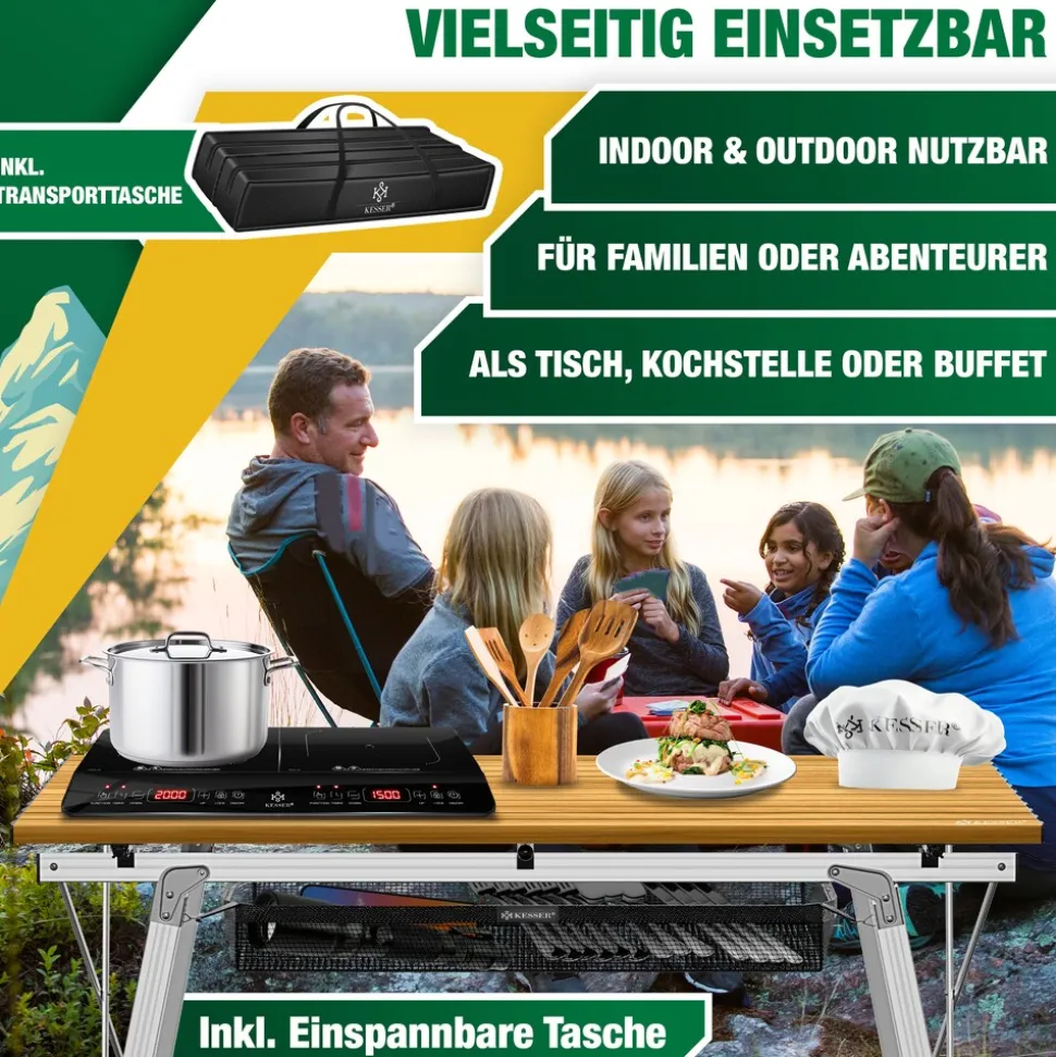KESSER® Campingtisch faltbar Klapptisch mit Aluminiumrahmen Aufrollbare Tischplatte Falttisch klappbar inkl. Tragetasche mit Trageband & Netztasche, Holz-Optik