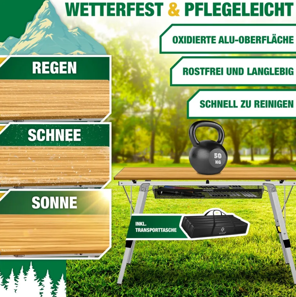 KESSER® Campingtisch faltbar Klapptisch mit Aluminiumrahmen Aufrollbare Tischplatte Falttisch klappbar inkl. Tragetasche mit Trageband & Netztasche, Holz-Optik