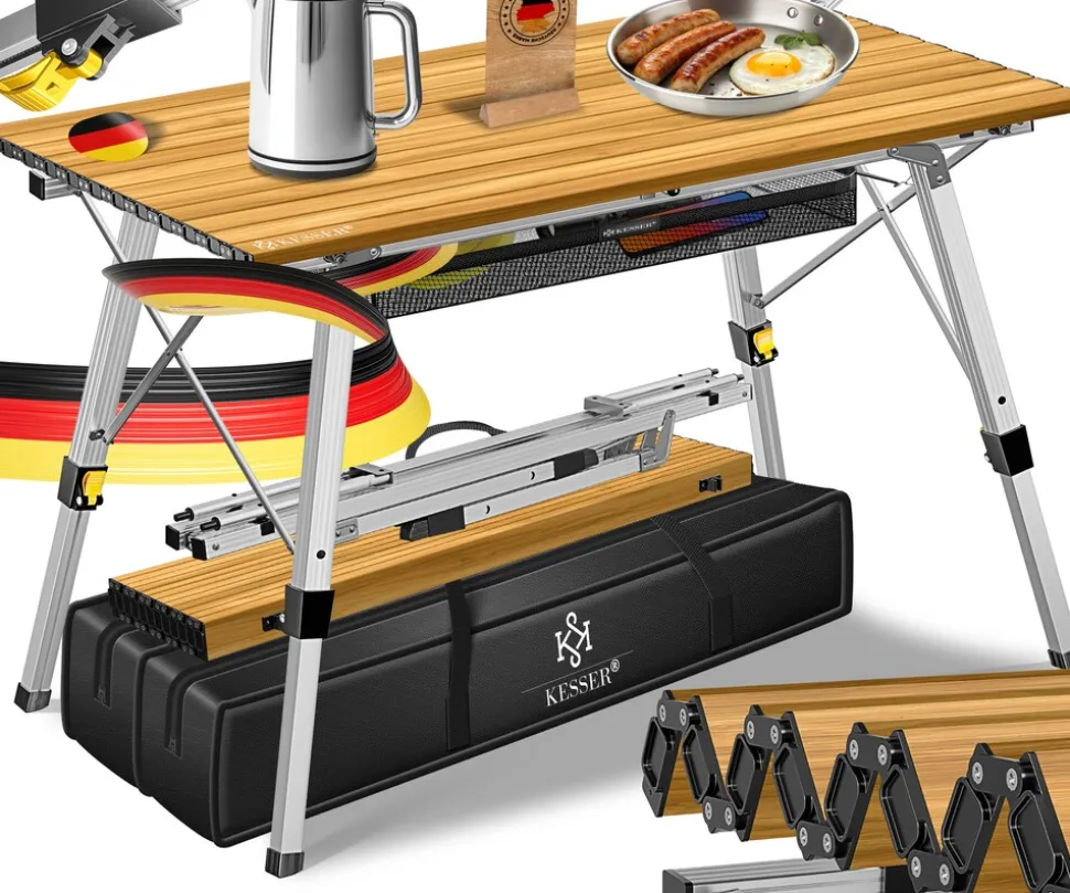 KESSER® Campingtisch faltbar Klapptisch mit Aluminiumrahmen Aufrollbare Tischplatte Falttisch klappbar inkl. Tragetasche mit Trageband & Netztasche, Holz-Optik