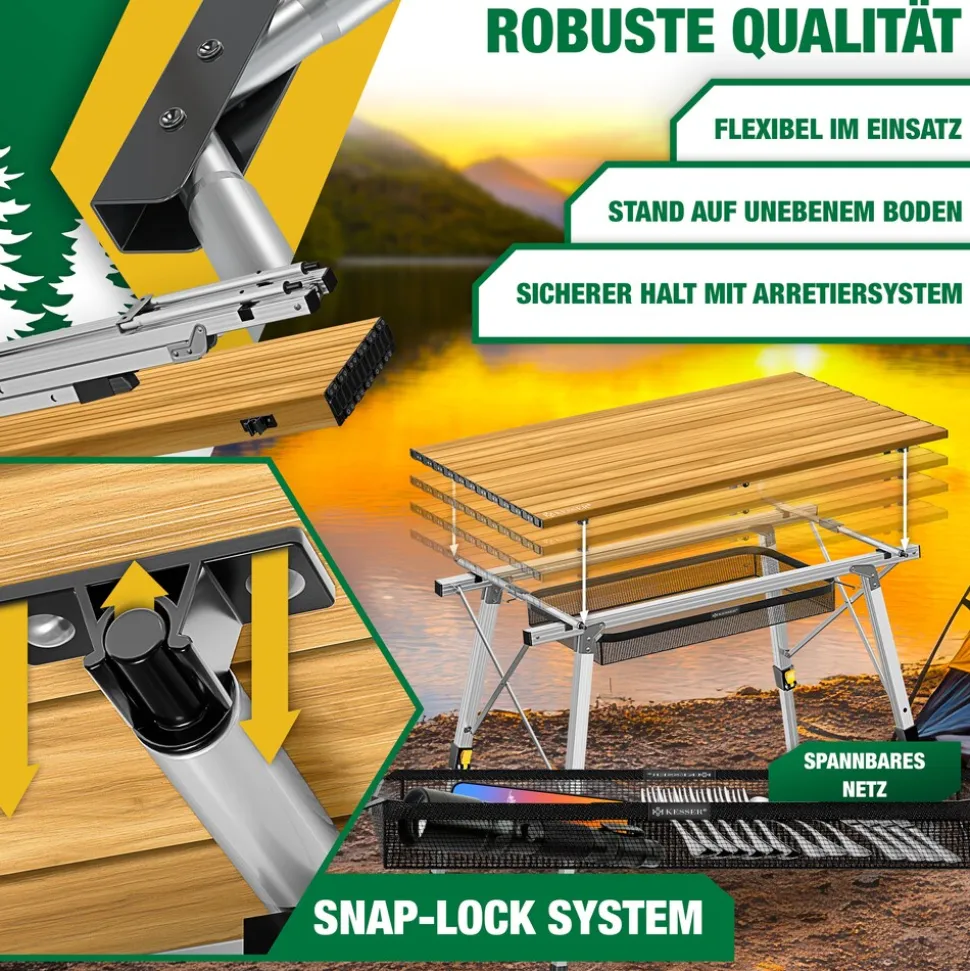 KESSER® Campingtisch faltbar Klapptisch mit Aluminiumrahmen Aufrollbare Tischplatte Falttisch klappbar inkl. Tragetasche mit Trageband & Netztasche, Holz-Optik