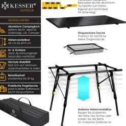KESSER® Campingtisch faltbar Klapptisch mit Aluminiumrahmen Aufrollbare Tischplatte Falttisch klappbar höhenverstellbar inkl. Tragetasche mit Trageband & Netztasche