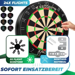 KESSER® Dartscheibe Sisal Professional Dartboard + Zubehör Steeldart Offizielles Dartscheibe Profi Steeldartscheibe - Dartboard inkl. Montageset