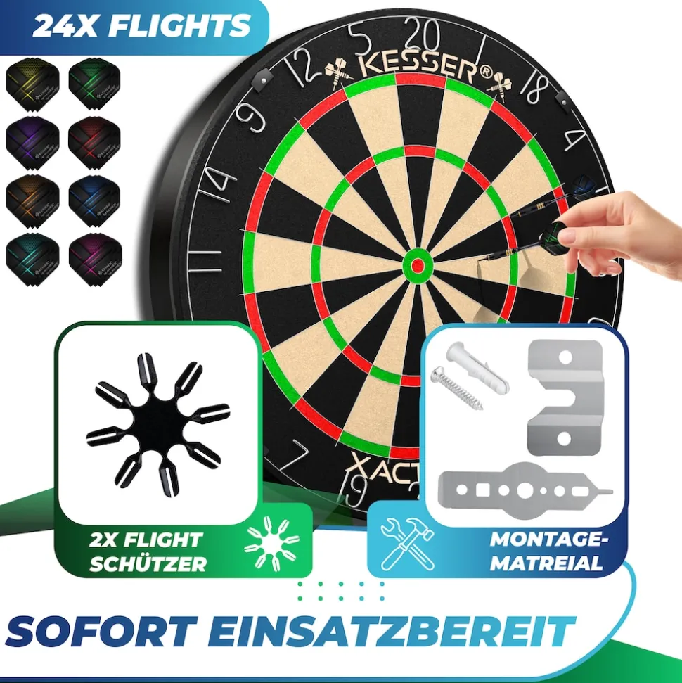 KESSER® Dartscheibe Sisal Professional Dartboard + Zubehör Steeldart Offizielles Dartscheibe Profi Steeldartscheibe - Dartboard inkl. Montageset