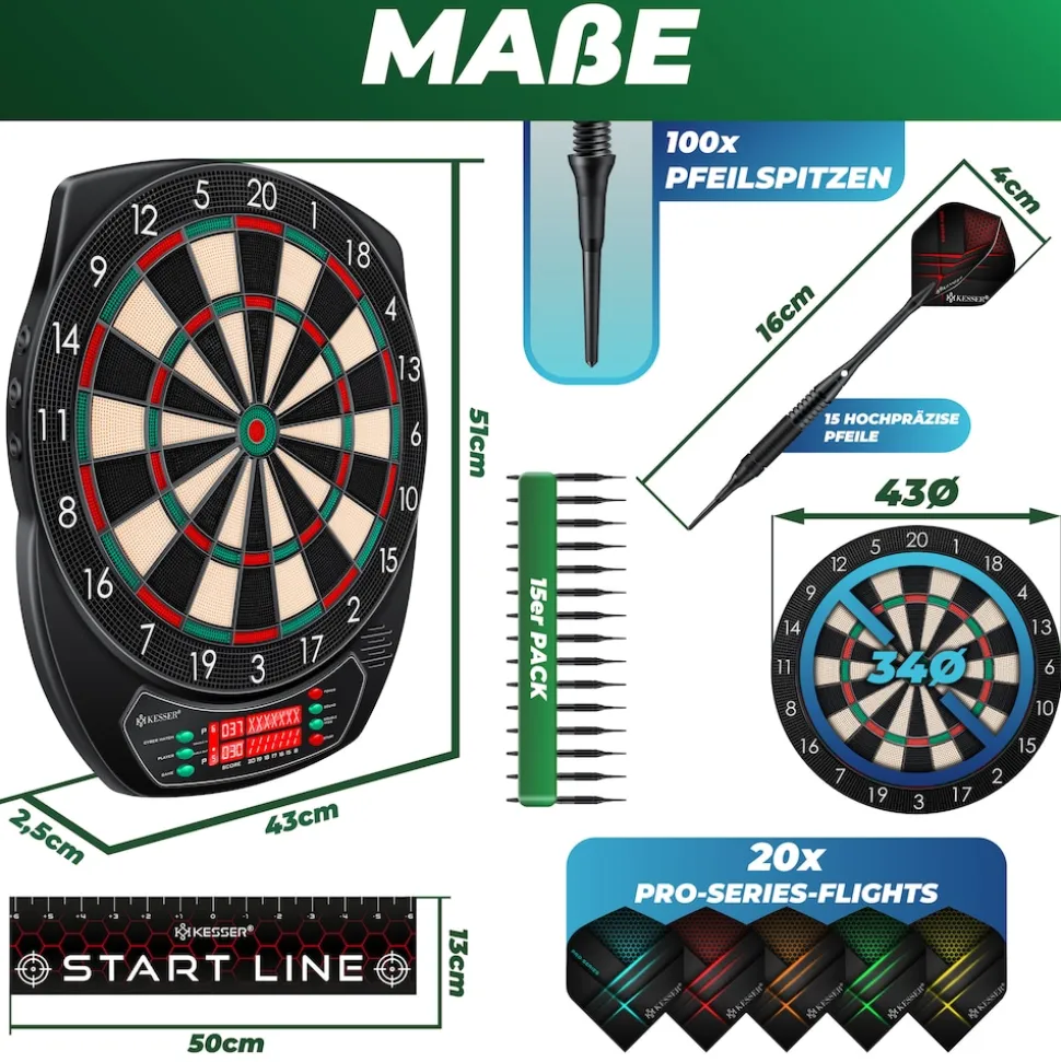 KESSER® Elektronische Dartscheibe Profi Set - E Dartboard mit 15 Dartpfeile + 35 Pro Flights 100 Pfeilspitzen + Zubehör Dart für 1 bis 8 Spieler Innovativer elektronisch Dartautomat mit 65 Varianten