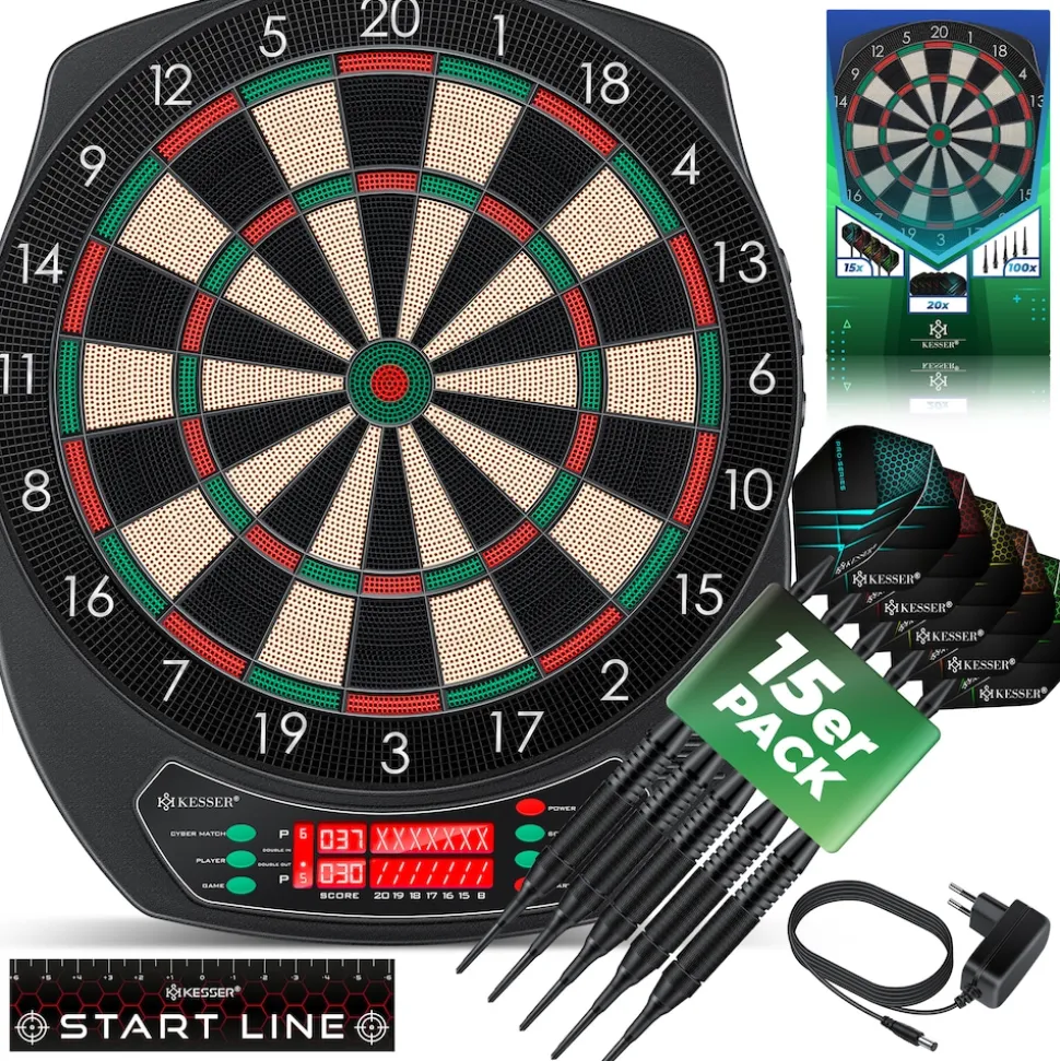 KESSER® Elektronische Dartscheibe Profi Set - E Dartboard mit 15 Dartpfeile + 35 Pro Flights 100 Pfeilspitzen + Zubehör Dart für 1 bis 8 Spieler Innovativer elektronisch Dartautomat mit 65 Varianten
