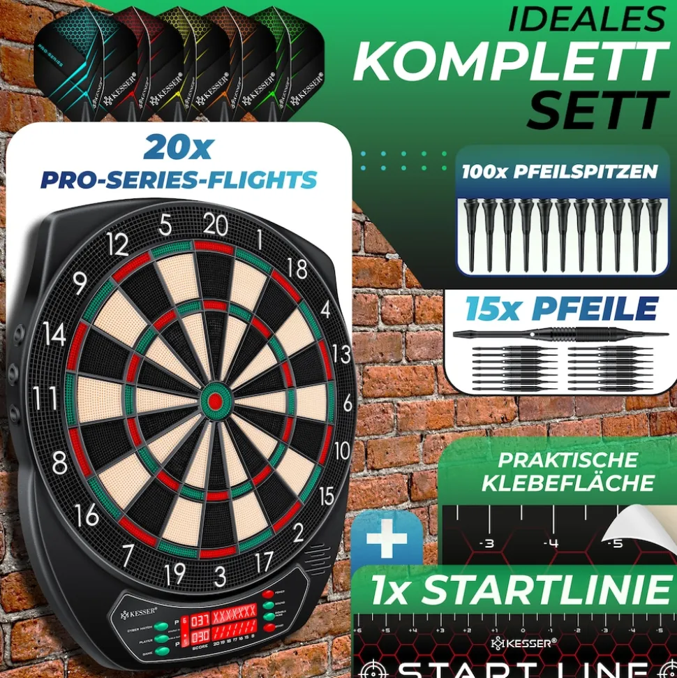 KESSER® Elektronische Dartscheibe Profi Set - E Dartboard mit 15 Dartpfeile + 35 Pro Flights 100 Pfeilspitzen + Zubehör Dart für 1 bis 8 Spieler Innovativer elektronisch Dartautomat mit 65 Varianten