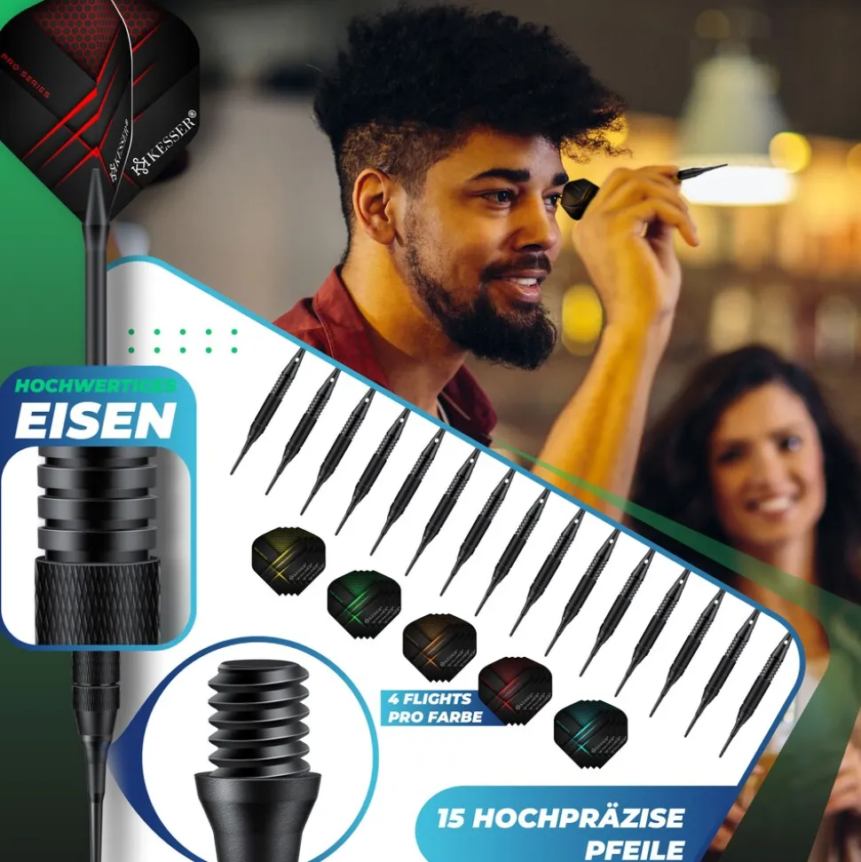 KESSER® Elektronische Dartscheibe Profi Set - E Dartboard mit 15 Dartpfeile + 35 Pro Flights 100 Pfeilspitzen + Zubehör Dart für 1 bis 8 Spieler Innovativer elektronisch Dartautomat mit 65 Varianten