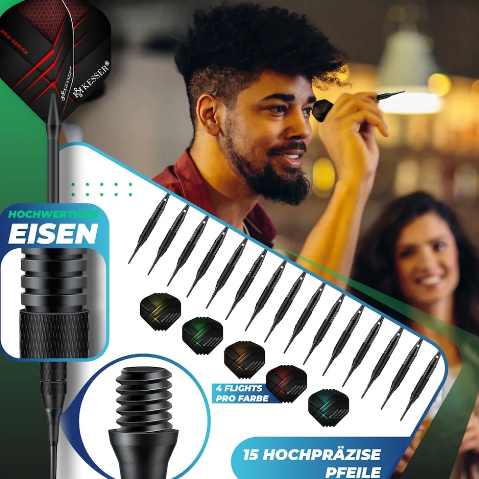 KESSER® Elektronische Dartscheibe Profi Set - E Dartboard mit 15 Dartpfeile + 35 Pro Flights 100 Pfeilspitzen + Zubehör Dart für 1 bis 8 Spieler Innovativer elektronisch Dartautomat mit 65 Varianten
