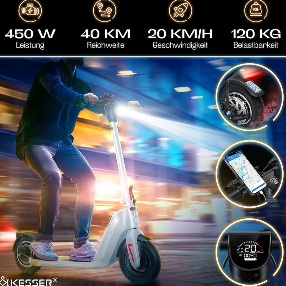 KESSER® E-Scooter mit Straßenzulassung 40km Reichweite Faltbarer Elektro 36V / 10 Ah Batterie Roller Belastung bis 120kg 450W Motor 10" Reifen LCD-Display und universelle Smartphonehalterung