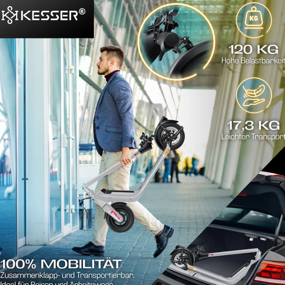 KESSER® E-Scooter mit Straßenzulassung 40km Reichweite Faltbarer Elektro 36V / 10 Ah Batterie Roller Belastung bis 120kg 450W Motor 10" Reifen LCD-Display und universelle Smartphonehalterung
