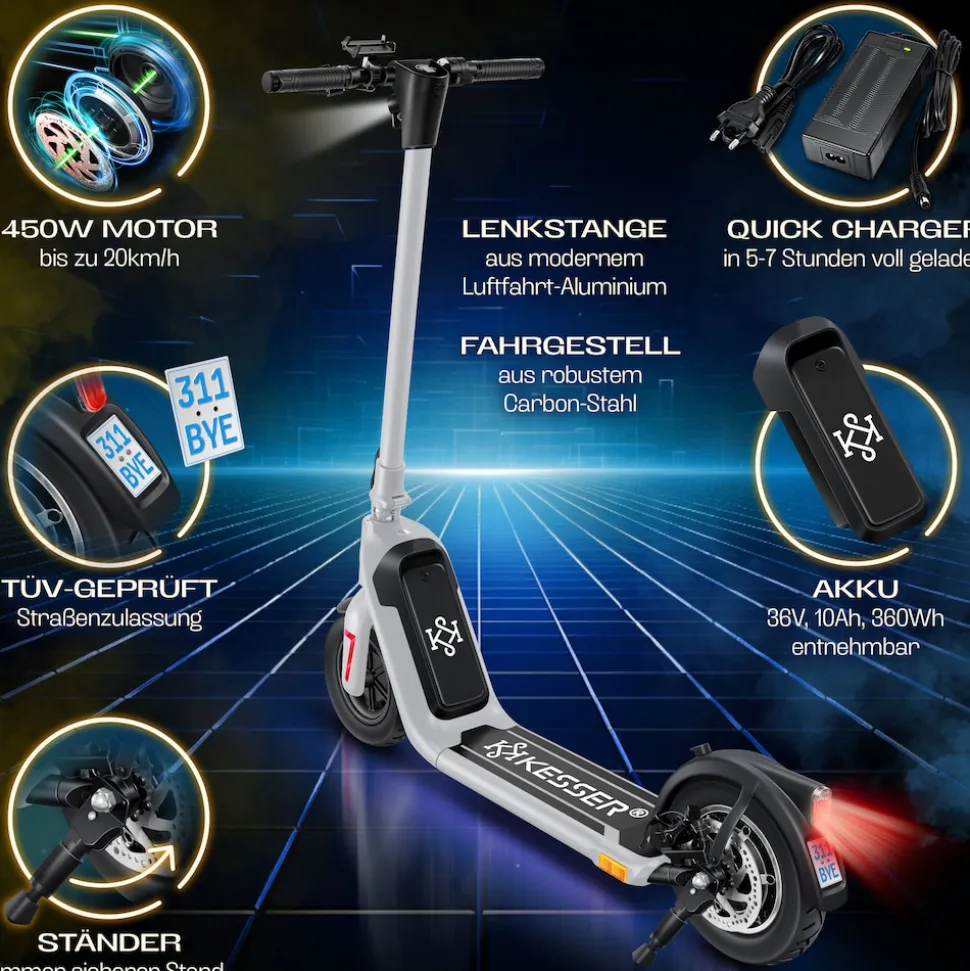 KESSER® E-Scooter mit Straßenzulassung 40km Reichweite Faltbarer Elektro 36V / 10 Ah Batterie Roller Belastung bis 120kg 450W Motor 10" Reifen LCD-Display und universelle Smartphonehalterung