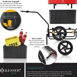 KESSER® Fahrradanhänger Lastenanhänger Handwagen mit Kupplung Hochdeichsel für Fahrrad Transportanhänger Transportbox mit 70 Liter Volumen Max. 60kg für Fahrräder mit 26'' - 28''