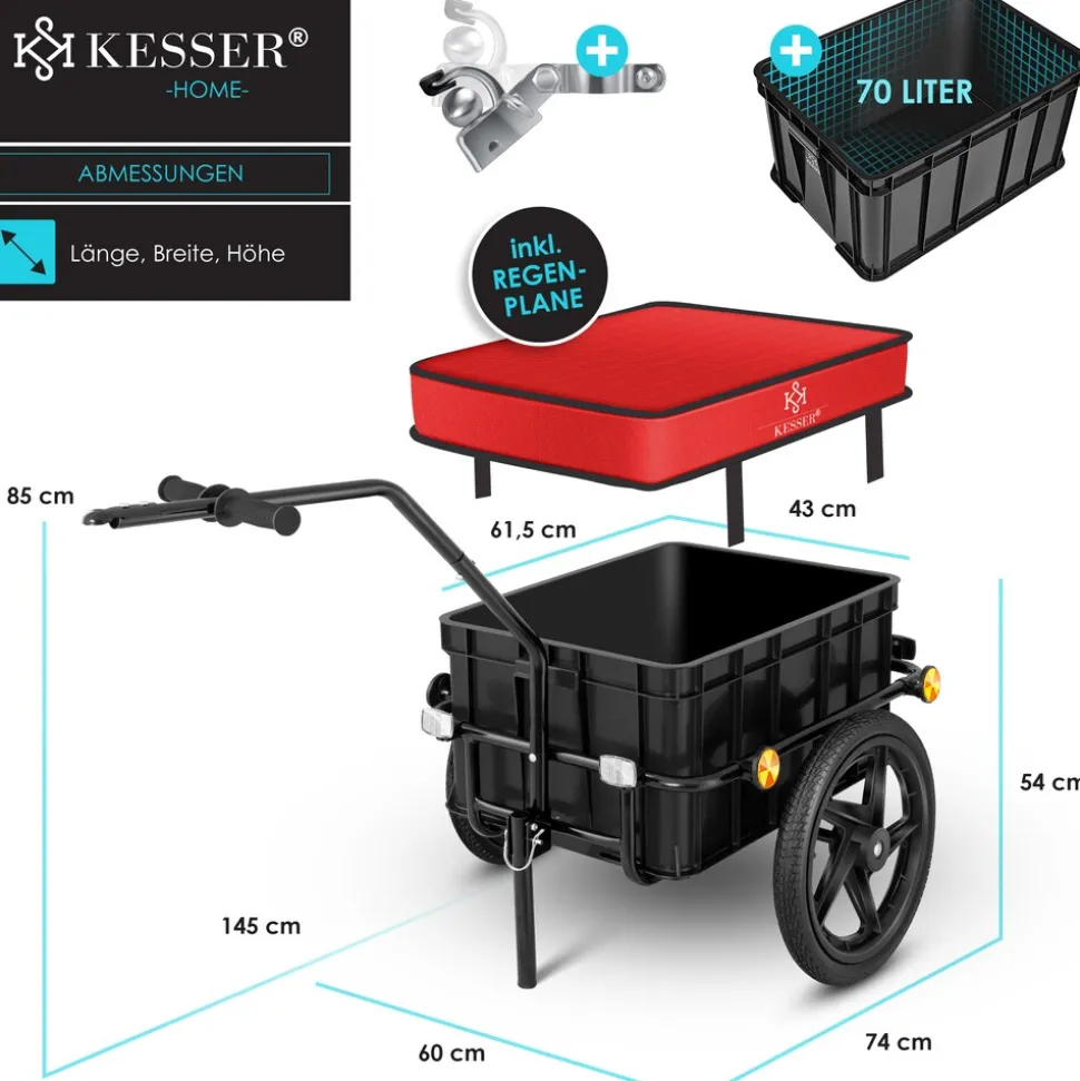 KESSER® Fahrradanhänger Lastenanhänger Handwagen mit Kupplung Hochdeichsel für Fahrrad Transportanhänger Transportbox mit 70 Liter Volumen Max. 60kg für Fahrräder mit 26'' - 28''