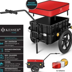 KESSER® Fahrradanhänger Lastenanhänger Handwagen mit Kupplung Hochdeichsel für Fahrrad Transportanhänger Transportbox mit 70 Liter Volumen Max. 60kg für Fahrräder mit 26'' - 28''