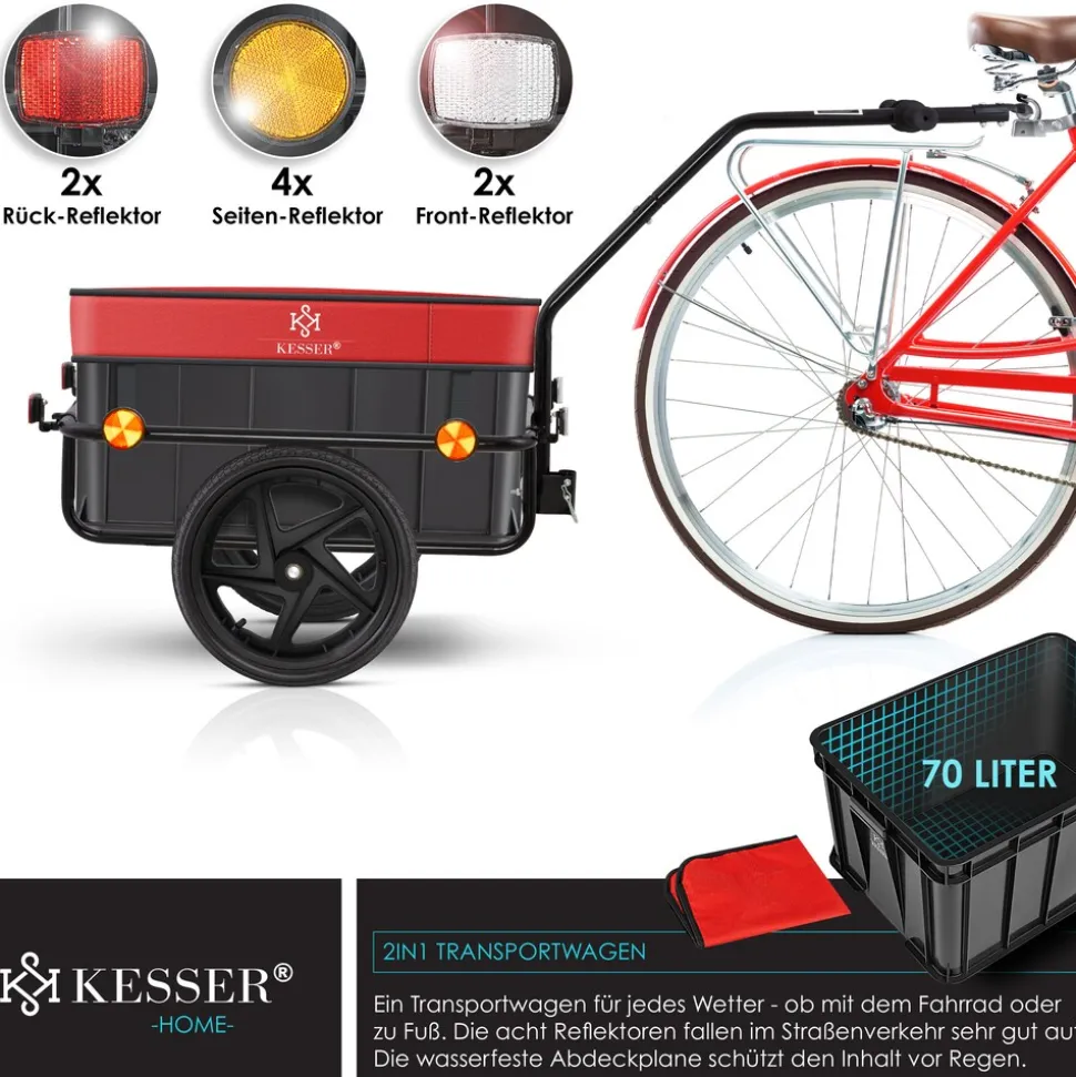 KESSER® Fahrradanhänger Lastenanhänger Handwagen mit Kupplung Hochdeichsel für Fahrrad Transportanhänger Transportbox mit 70 Liter Volumen Max. 60kg für Fahrräder mit 26'' - 28''