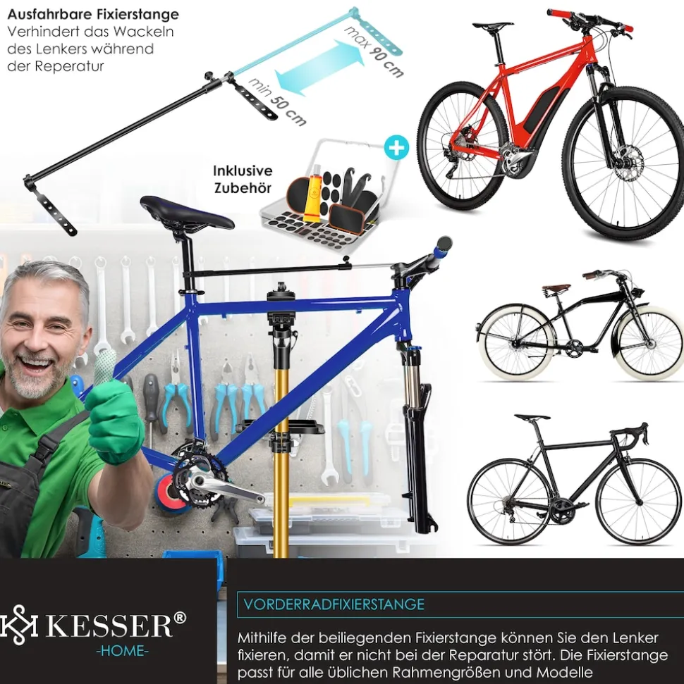KESSER® Fahrradmontageständer Premium Profi 50kg - 360° drehbar für E-Bike, Mountainbike & Fahrrad, höhenverstellbarer Reparaturständer, mit Werkzeugablage, Tragetasche & Lenkerfixierung