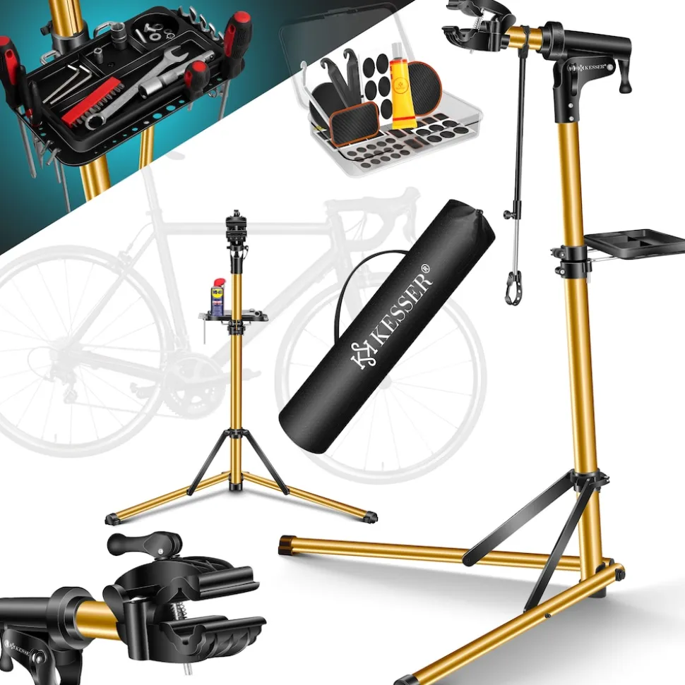KESSER® Fahrradmontageständer Premium Profi 50kg - 360° drehbar für E-Bike, Mountainbike & Fahrrad, höhenverstellbarer Reparaturständer, mit Werkzeugablage, Tragetasche & Lenkerfixierung