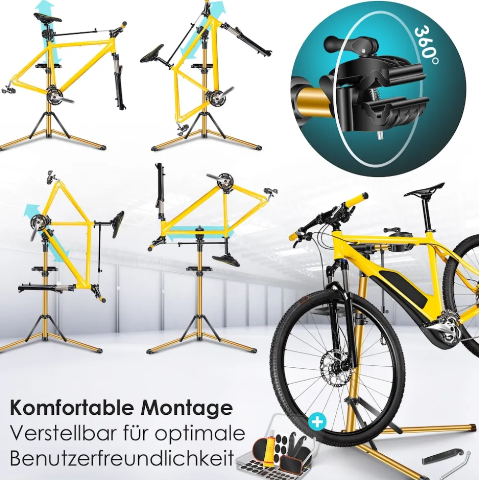 KESSER® Fahrradmontageständer Premium Profi 50kg - 360° drehbar für E-Bike, Mountainbike & Fahrrad, höhenverstellbarer Reparaturständer, mit Werkzeugablage, Tragetasche & Lenkerfixierung