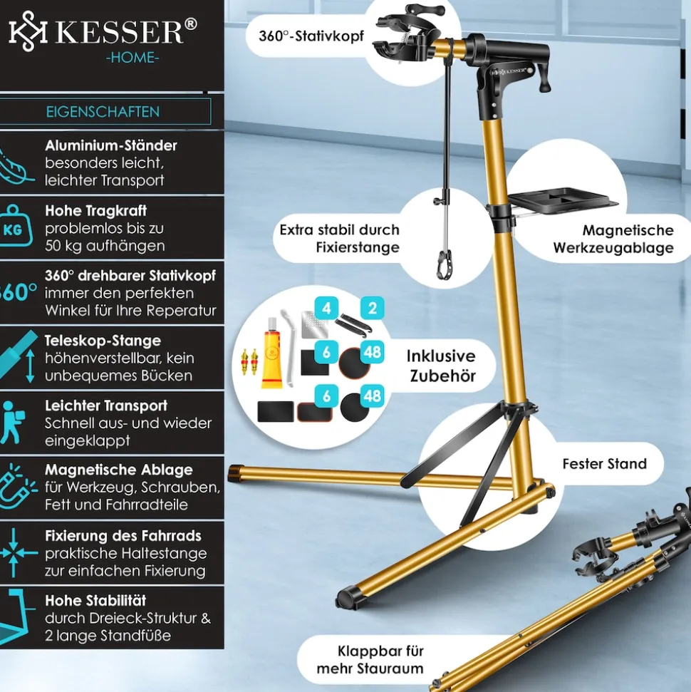 KESSER® Fahrradmontageständer Premium Profi 50kg - 360° drehbar für E-Bike, Mountainbike & Fahrrad, höhenverstellbarer Reparaturständer, mit Werkzeugablage, Tragetasche & Lenkerfixierung