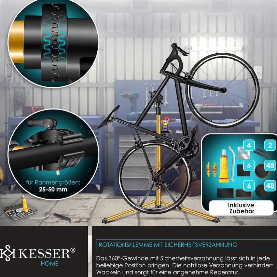 KESSER® Fahrradmontageständer Premium Profi 50kg - 360° drehbar für E-Bike, Mountainbike & Fahrrad, höhenverstellbarer Reparaturständer, mit Werkzeugablage, Tragetasche & Lenkerfixierung