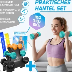 KESSER® Hantel-Set, 3 Paar, 1kg - 5kg, 12kg oder 18kg kurzhanteln mit Ständer Aufbewahrung, Fitnessstudio, Krafttraining, Hantelset rutschfeste Neopren, Mit Übungsheft, 2x Fitnessbänder
