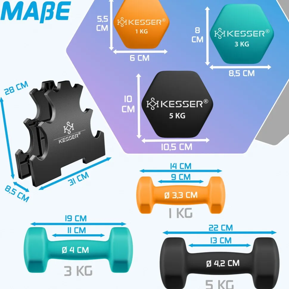 KESSER® Hantel-Set, 3 Paar, 1kg - 5kg, 12kg oder 18kg kurzhanteln mit Ständer Aufbewahrung, Fitnessstudio, Krafttraining, Hantelset rutschfeste Neopren, Mit Übungsheft, 2x Fitnessbänder