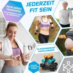 KESSER® Hantel-Set, 3 Paar, 1kg - 5kg, 12kg oder 18kg kurzhanteln mit Ständer Aufbewahrung, Fitnessstudio, Krafttraining, Hantelset rutschfeste Neopren, Mit Übungsheft, 2x Fitnessbänder