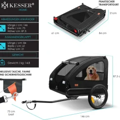 KESSER® Hundeanhänger Boxer 2-in-1 Hundebuggy Fahrradanhänger groß ca. 250L Volumen - Inkl. Fahne und Tasche - 600D Oxford Canvas, KlappbarSmartSpace Concept, maximale Belastbarkeit: 45kg