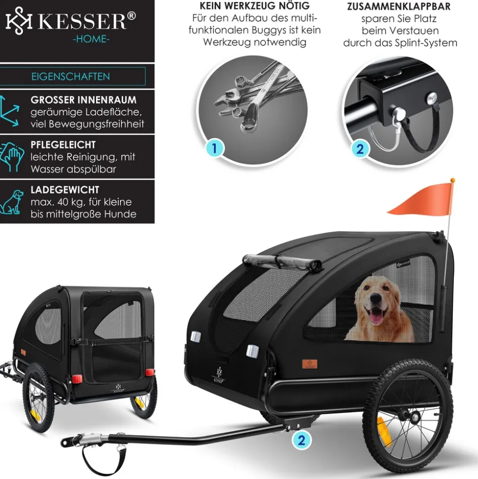 KESSER® Hundeanhänger Boxer 2-in-1 Hundebuggy Fahrradanhänger groß ca. 250L Volumen - Inkl. Fahne und Tasche - 600D Oxford Canvas, KlappbarSmartSpace Concept, maximale Belastbarkeit: 45kg