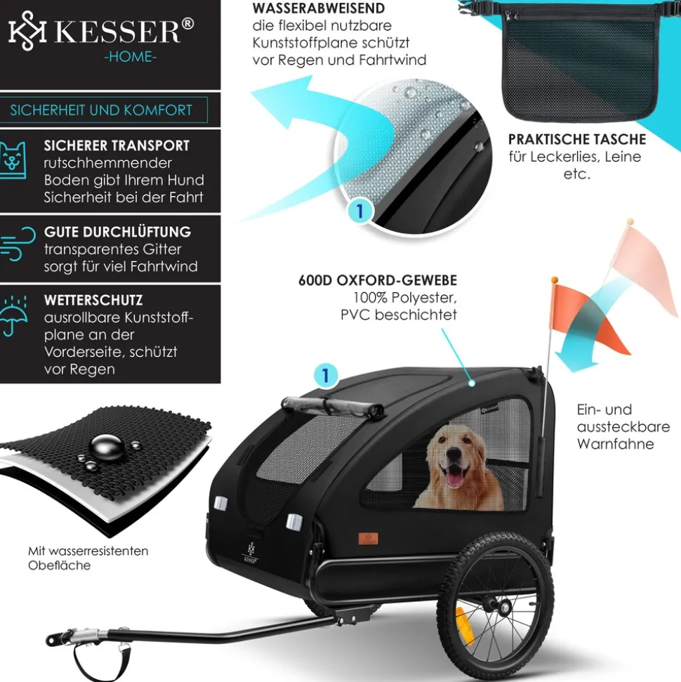 KESSER® Hundeanhänger Boxer 2-in-1 Hundebuggy Fahrradanhänger groß ca. 250L Volumen - Inkl. Fahne und Tasche - 600D Oxford Canvas, KlappbarSmartSpace Concept, maximale Belastbarkeit: 45kg