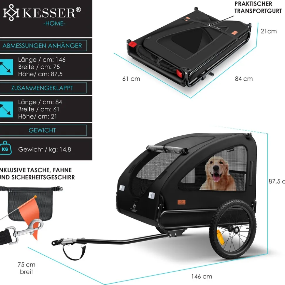 KESSER® Hundeanhänger Boxer 2-in-1 Hundebuggy Fahrradanhänger groß ca. 250L Volumen - Inkl. Fahne und Tasche - 600D Oxford Canvas, KlappbarSmartSpace Concept, maximale Belastbarkeit: 45kg